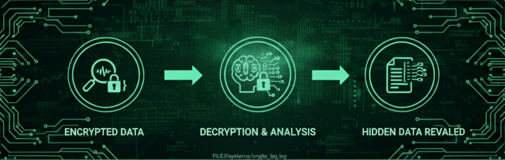 Cryptoanalysis, illustrating complex mathematical analysis of encrypted data